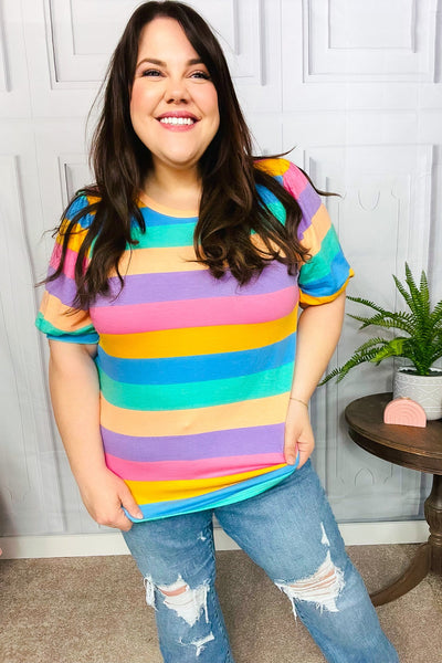 Explore More Collection - Can't Look Away Multicolor Stripe Bubble Sleeve Terry Top