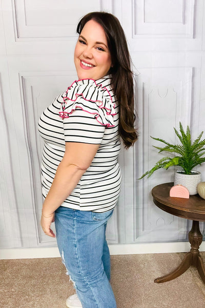 Explore More Collection - Get To It Ivory & Pink Merrow Stitch Ruffle Sleeve Stripe Top