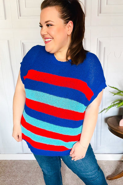 Explore More Collection - Forget Me Not Royal Blue Stripe Short Sleeve Dolman Sweater