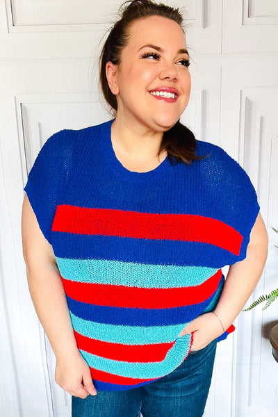 Explore More Collection - Forget Me Not Royal Blue Stripe Short Sleeve Dolman Sweater