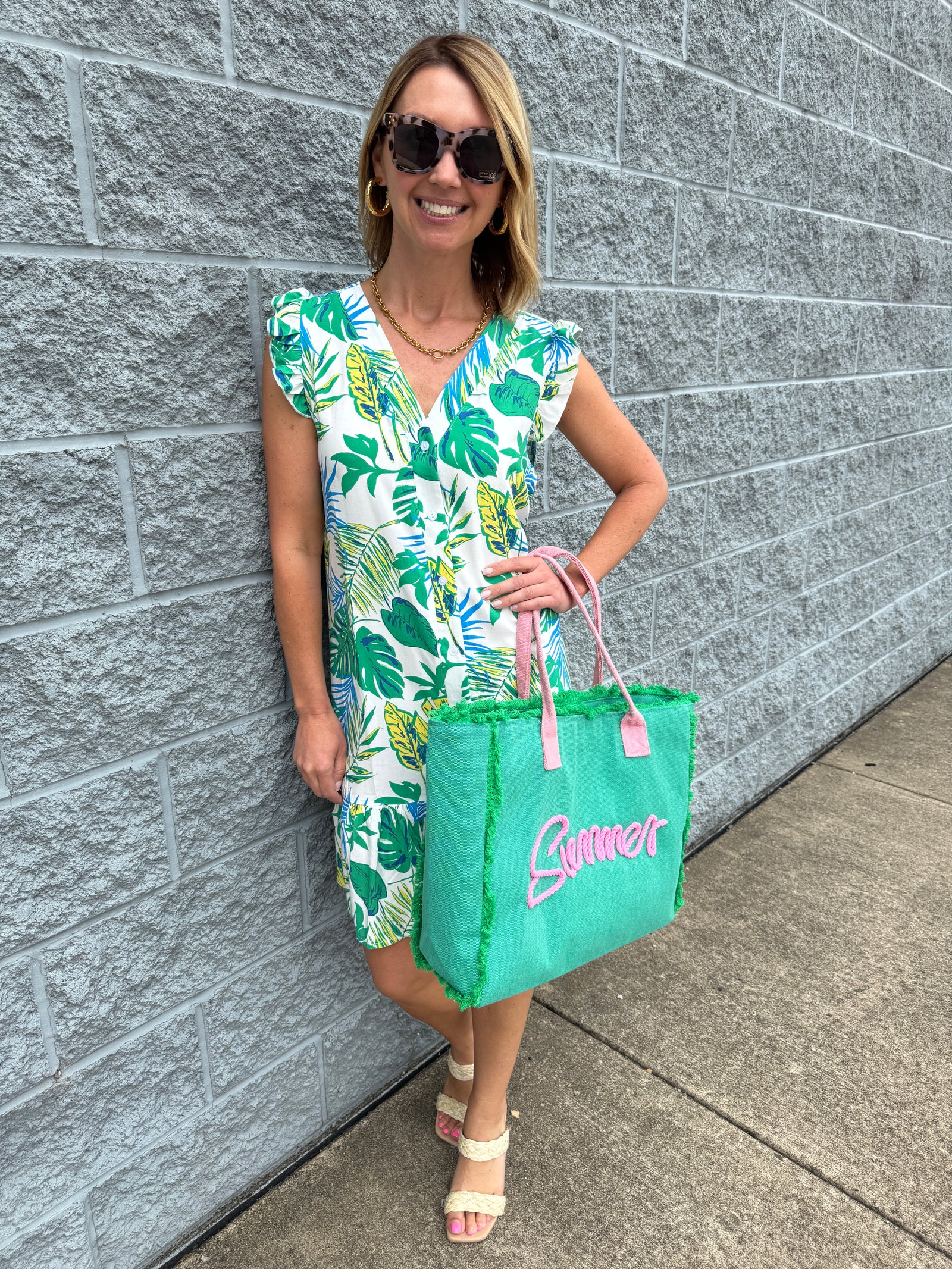 SUMMER Embroidered Fringe Green Tote Bag / Beach Bag