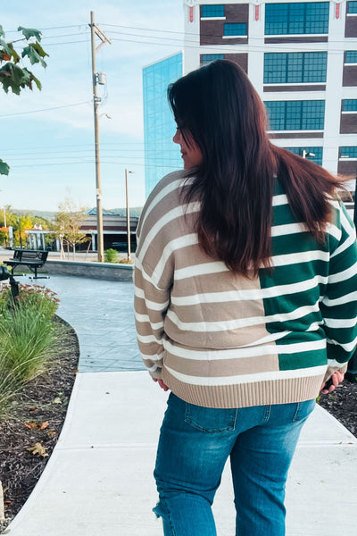 Explore More Collection - Hunter Green & Taupe Striped Color Block Sweater