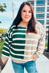 Explore More Collection - Hunter Green & Taupe Striped Color Block Sweater