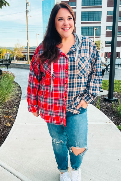 Explore More Collection - Main Attraction Red & Navy Plaid Color Block Button Down Hoodie