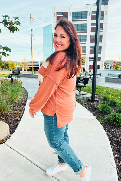 Explore More Collection - Feeling Playful Rust Stripe Color Block French Terry Hoodie