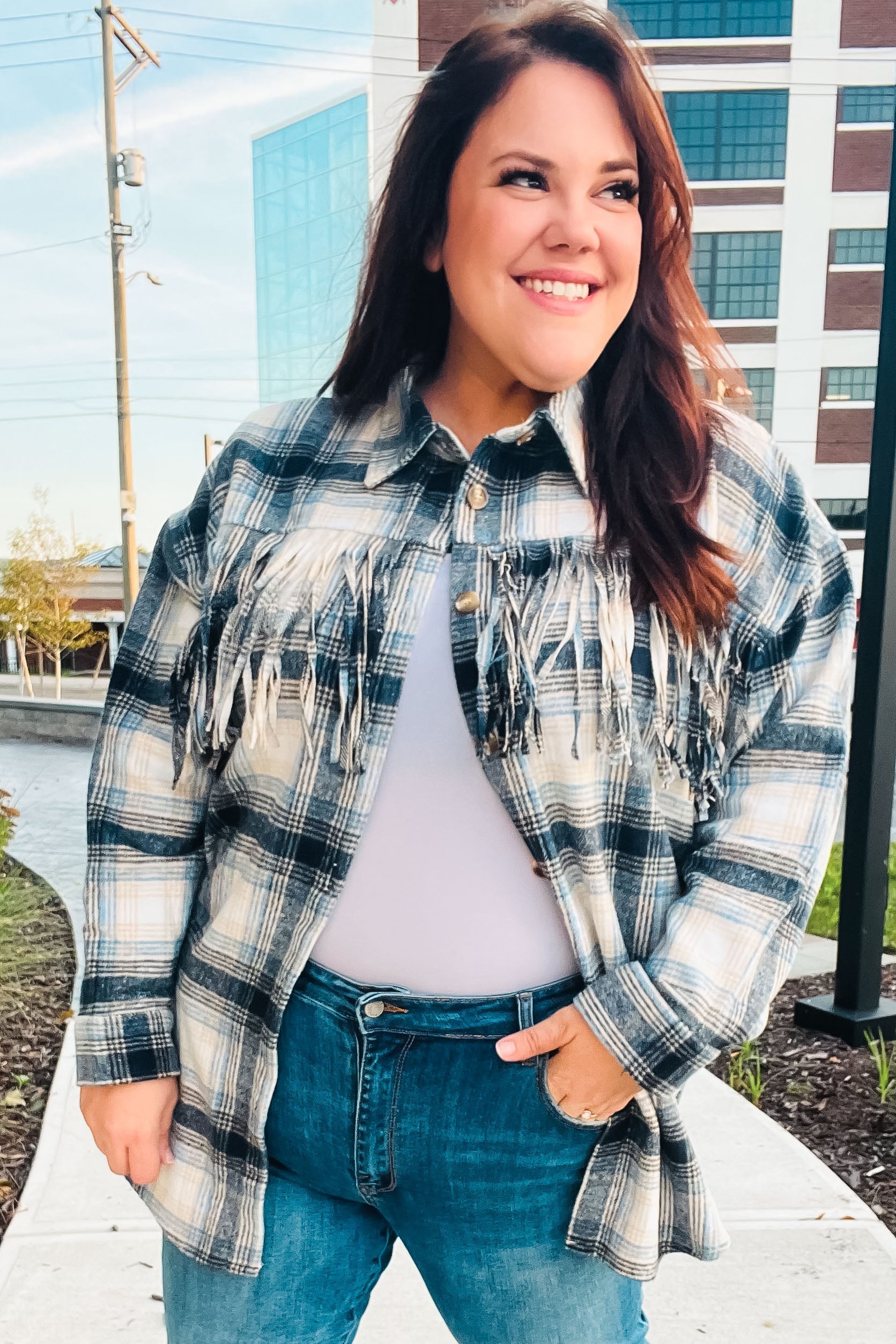 Explore More Collection - Boldly You Navy Plaid Fringe Button Down Shacket