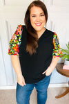 Explore More Collection - Eyes On You Black Floral Puff Sleeve V Neck Top