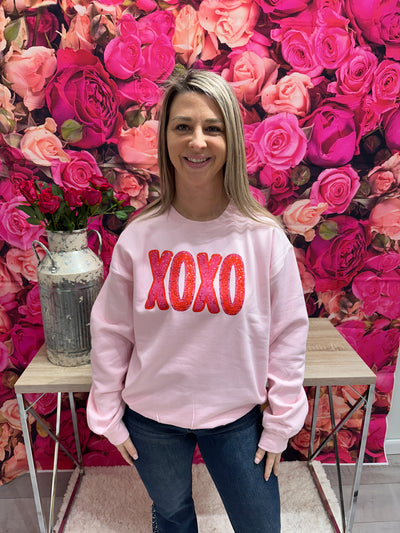 Explore More Collection - Faux XOXO Sweatshirt Pink with Red Letters