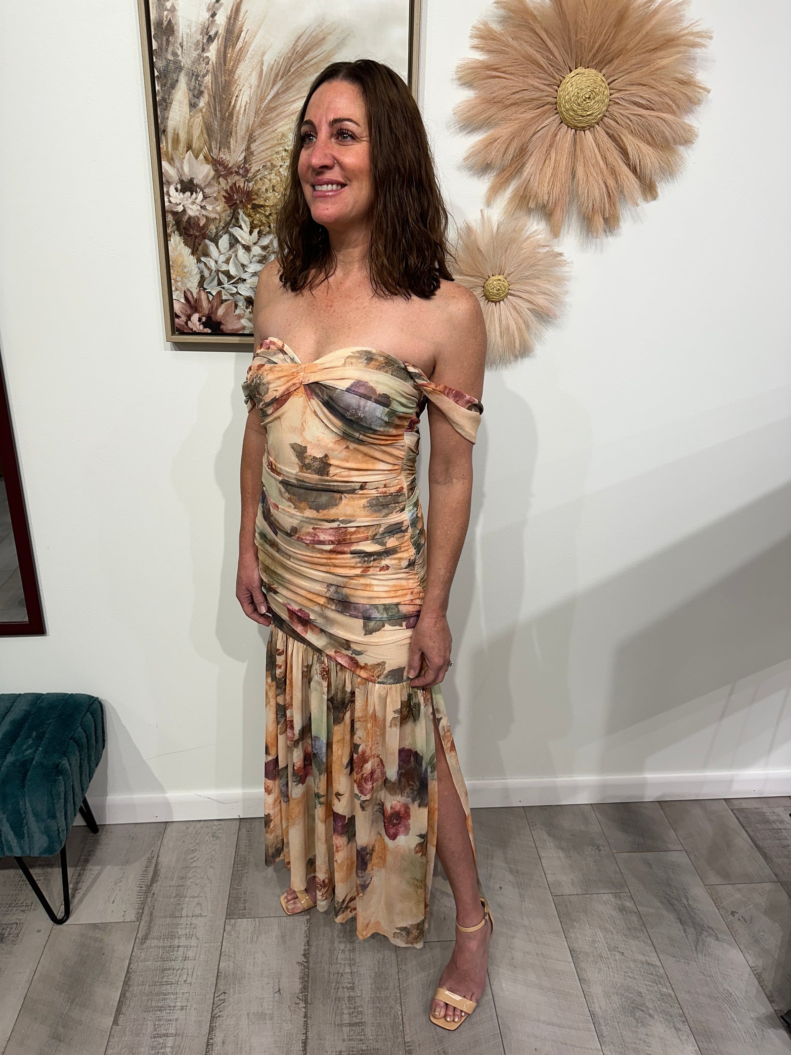 Best Time Ever - Floral Mesh Ruched Drop-Waist Maxi Dress