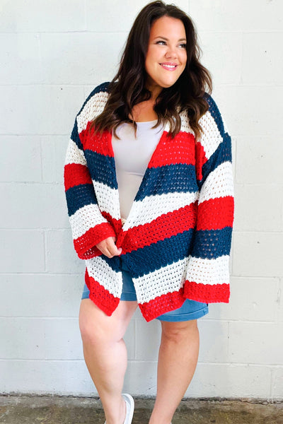 Explore More Collection - Simply Patriotic Red White & Blue Striped Crochet Cardigan