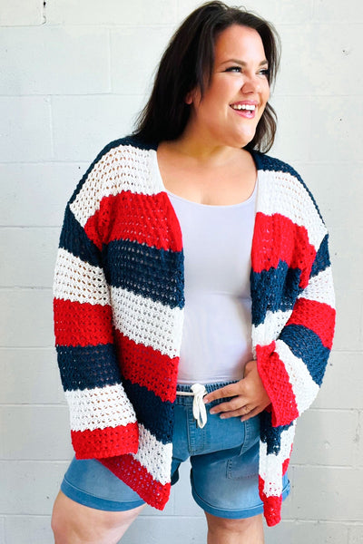 Explore More Collection - Simply Patriotic Red White & Blue Striped Crochet Cardigan