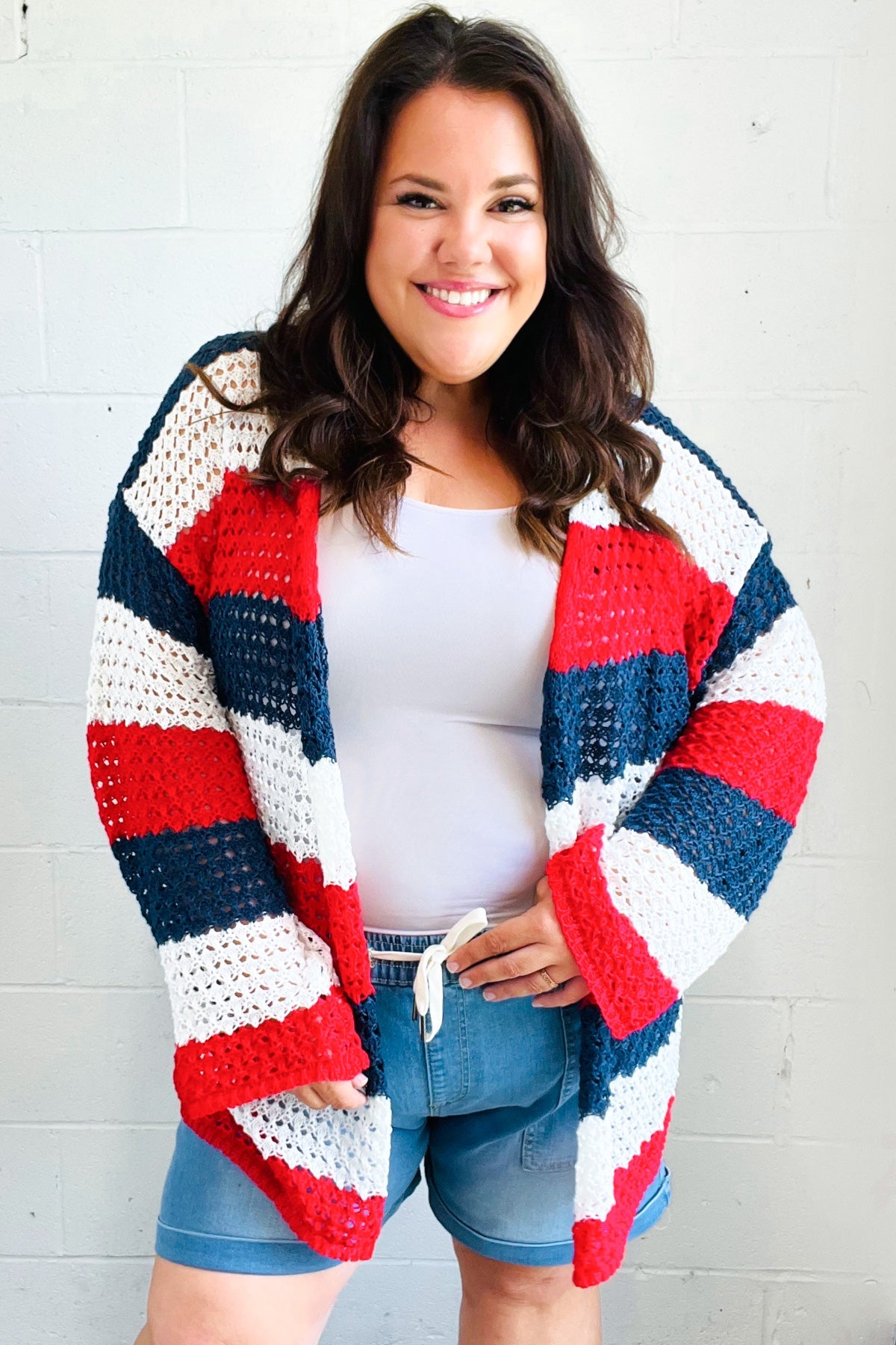 Explore More Collection - Simply Patriotic Red White & Blue Striped Crochet Cardigan