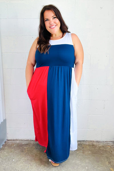 Explore More Collection - Patriotic Color Block Fit & Flare Maxi Dress