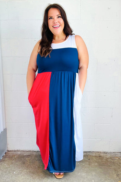 Explore More Collection - Patriotic Color Block Fit & Flare Maxi Dress