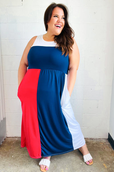 Explore More Collection - Patriotic Color Block Fit & Flare Maxi Dress