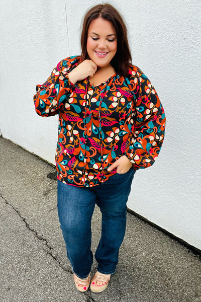 Explore More Collection - Magenta & Rust Boho Floral Bubble Sleeve Top