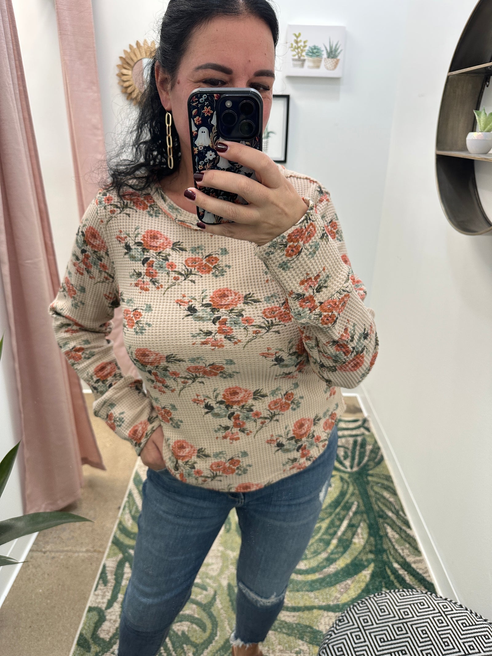 Maggie - A Floral Print Washed Waffle Thermal Top with Thumb Hole