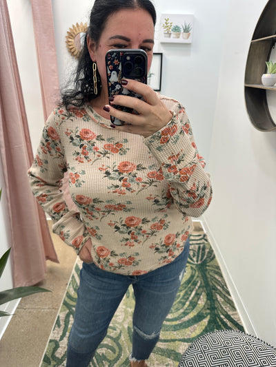 Maggie - A Floral Print Washed Waffle Thermal Top with Thumb Hole