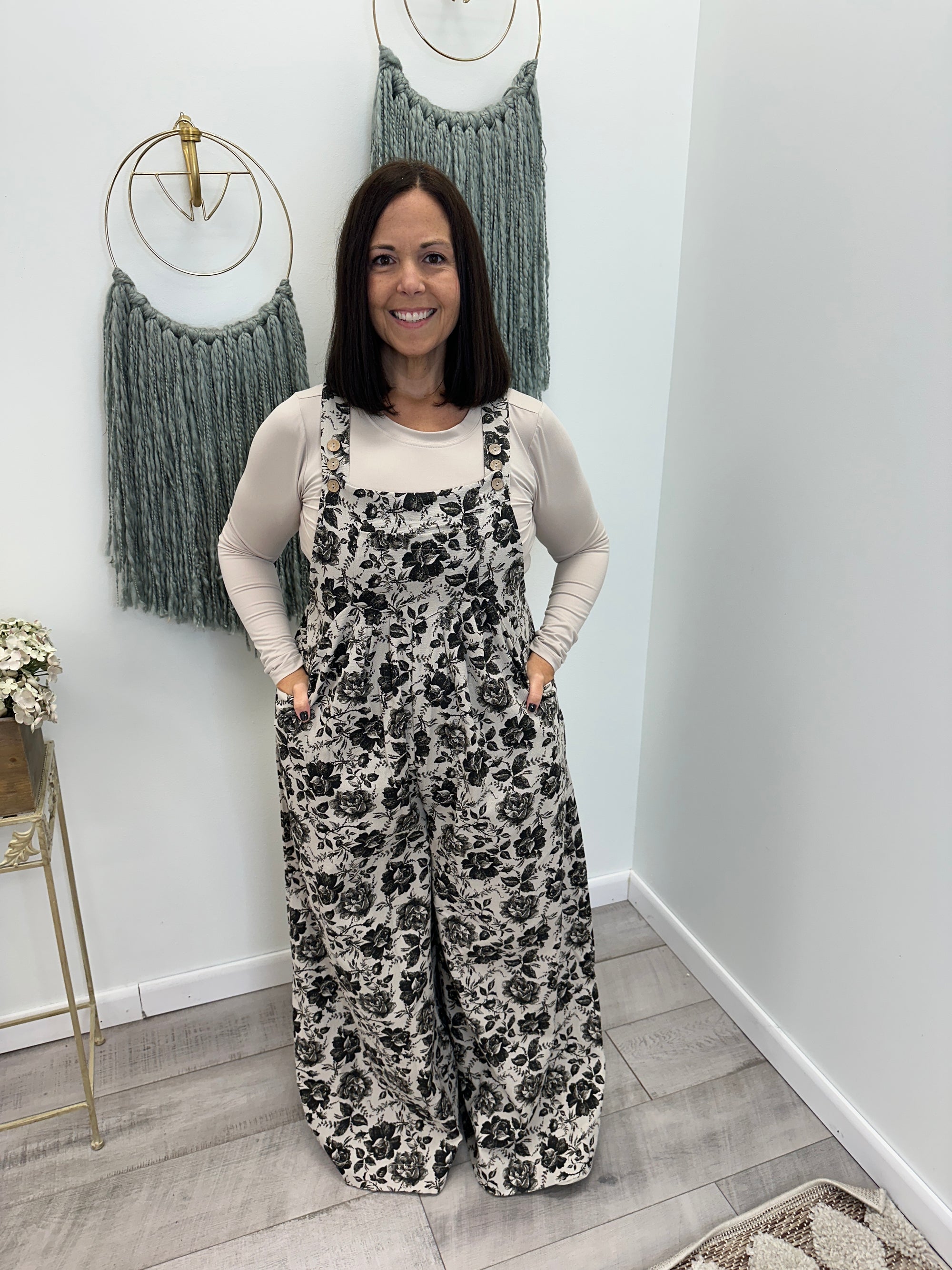 Zelda - A Washed Rose Printed  Denim Overalls with Pleat Detail