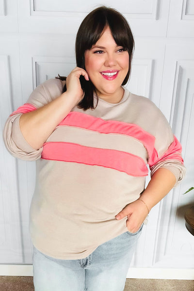 Explore More Collection - Rally Day Taupe & Coral Game Day Stripe Outseam Terry Top