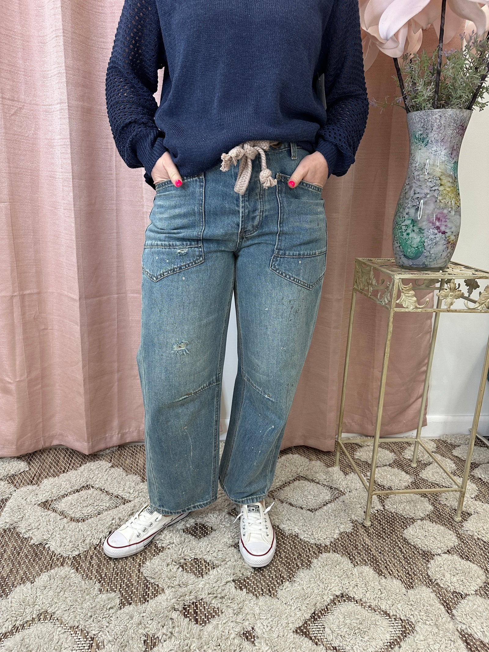 Anne - A Braided Waist Belt Drip Painting detail Washed Denim Pants