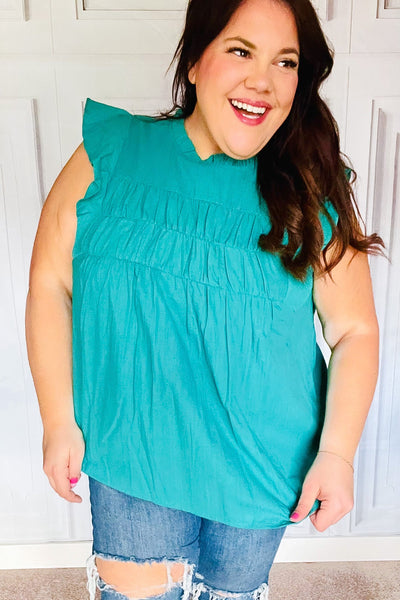 Explore More Collection - Love Life Cotton Turquoise Frill Mock Neck Flutter Sleeve Top