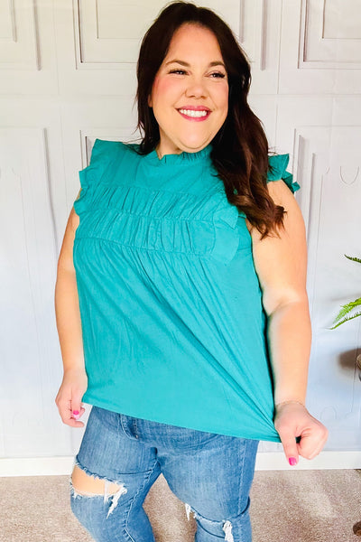 Explore More Collection - Love Life Cotton Turquoise Frill Mock Neck Flutter Sleeve Top