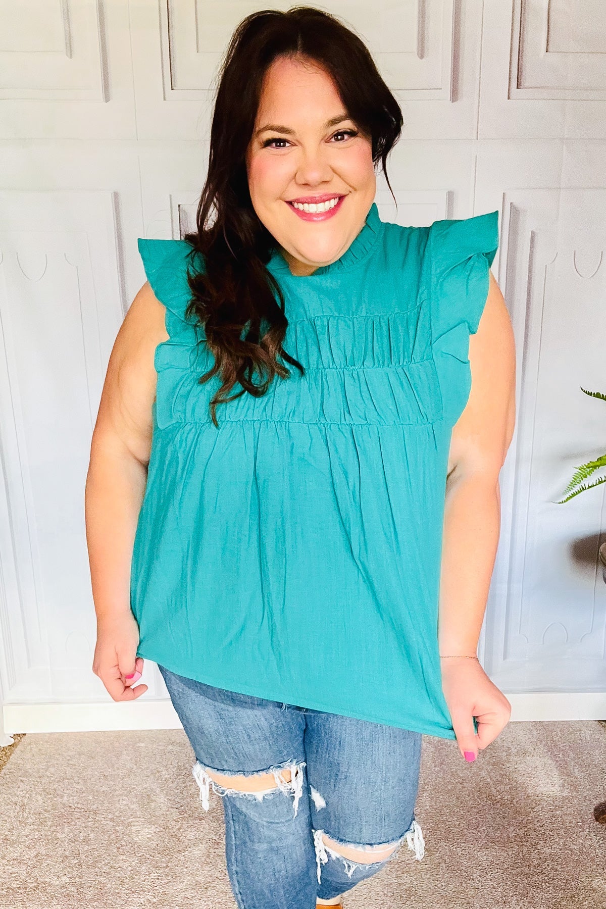 Explore More Collection - Love Life Cotton Turquoise Frill Mock Neck Flutter Sleeve Top