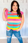 Explore More Collection - Relaxed Fun Mint & Fuchsia Stripe Flutter Sleeve Terry Knit Top