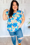 Explore More Collection - Tropical Breeze Turquoise Floral Banded V Neck Flutter Sleeve Top