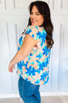 Explore More Collection - Tropical Breeze Turquoise Floral Banded V Neck Flutter Sleeve Top