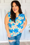 Explore More Collection - Tropical Breeze Turquoise Floral Banded V Neck Flutter Sleeve Top