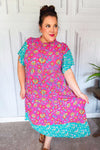 Explore More Collection - Charming Fuchsia & Mint Floral Frill Mock Neck Flutter Sleeve Midi Dress