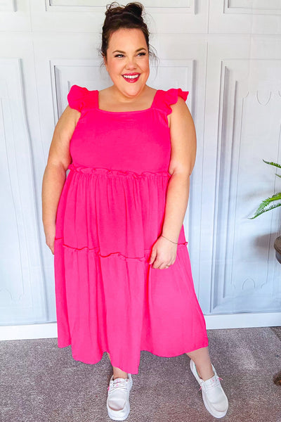 Explore More Collection - Lots To Love Fuchsia Smocked Flutter Sleeve Tiered Midi Dress