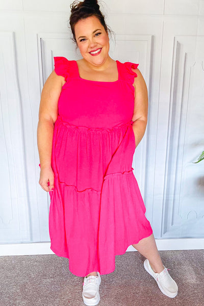 Explore More Collection - Lots To Love Fuchsia Smocked Flutter Sleeve Tiered Midi Dress