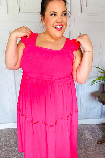 Explore More Collection - Lots To Love Fuchsia Smocked Flutter Sleeve Tiered Midi Dress