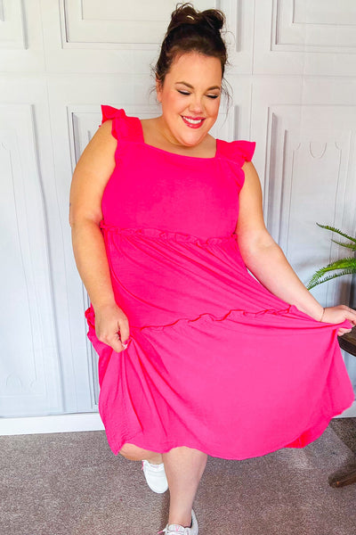 Explore More Collection - Lots To Love Fuchsia Smocked Flutter Sleeve Tiered Midi Dress