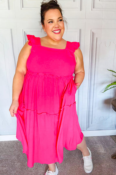 Explore More Collection - Lots To Love Fuchsia Smocked Flutter Sleeve Tiered Midi Dress