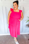 Explore More Collection - Lots To Love Fuchsia Smocked Flutter Sleeve Tiered Midi Dress