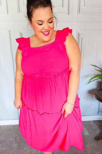 Explore More Collection - Lots To Love Fuchsia Smocked Flutter Sleeve Tiered Midi Dress