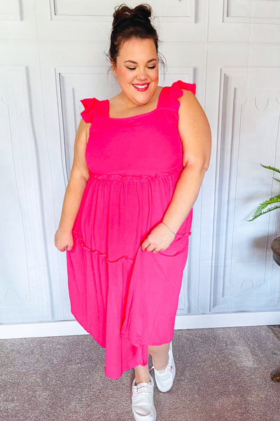 Explore More Collection - Lots To Love Fuchsia Smocked Flutter Sleeve Tiered Midi Dress