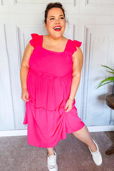 Explore More Collection - Lots To Love Fuchsia Smocked Flutter Sleeve Tiered Midi Dress