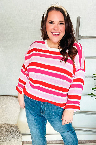 Explore More Collection - Follow Me Red/Pink Loose Knit Stripe Ribbed Pullover