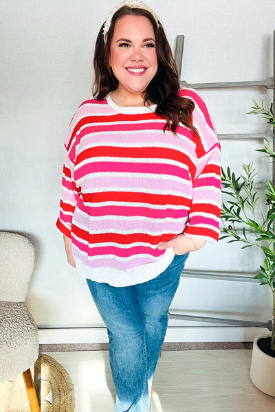 Explore More Collection - Follow Me Red/Pink Loose Knit Stripe Ribbed Pullover