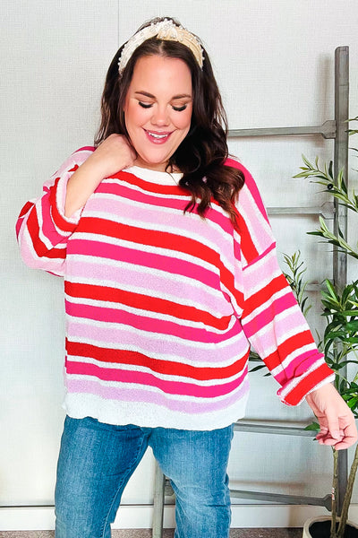 Explore More Collection - Follow Me Red/Pink Loose Knit Stripe Ribbed Pullover