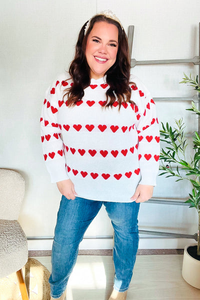 Explore More Collection - Be Mine White Jacquard Heart Stripe Pullover Sweater