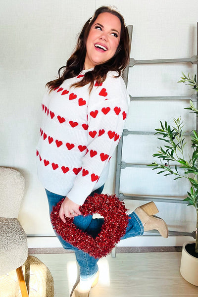 Explore More Collection - Be Mine White Jacquard Heart Stripe Pullover Sweater