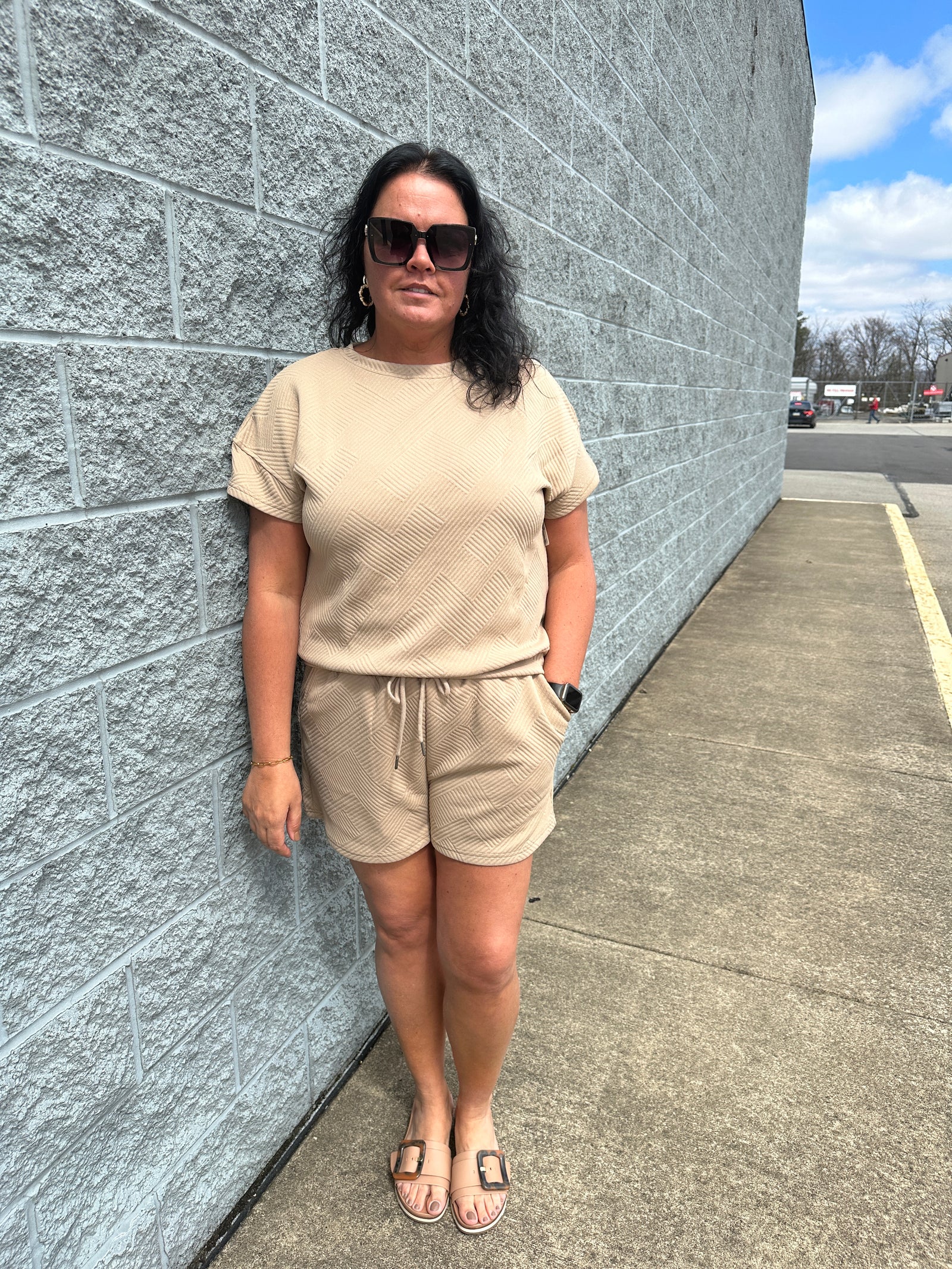 Explore More Collection - Double Take Full Size Texture Short Sleeve T-Shirt and Drawstring Shorts Set