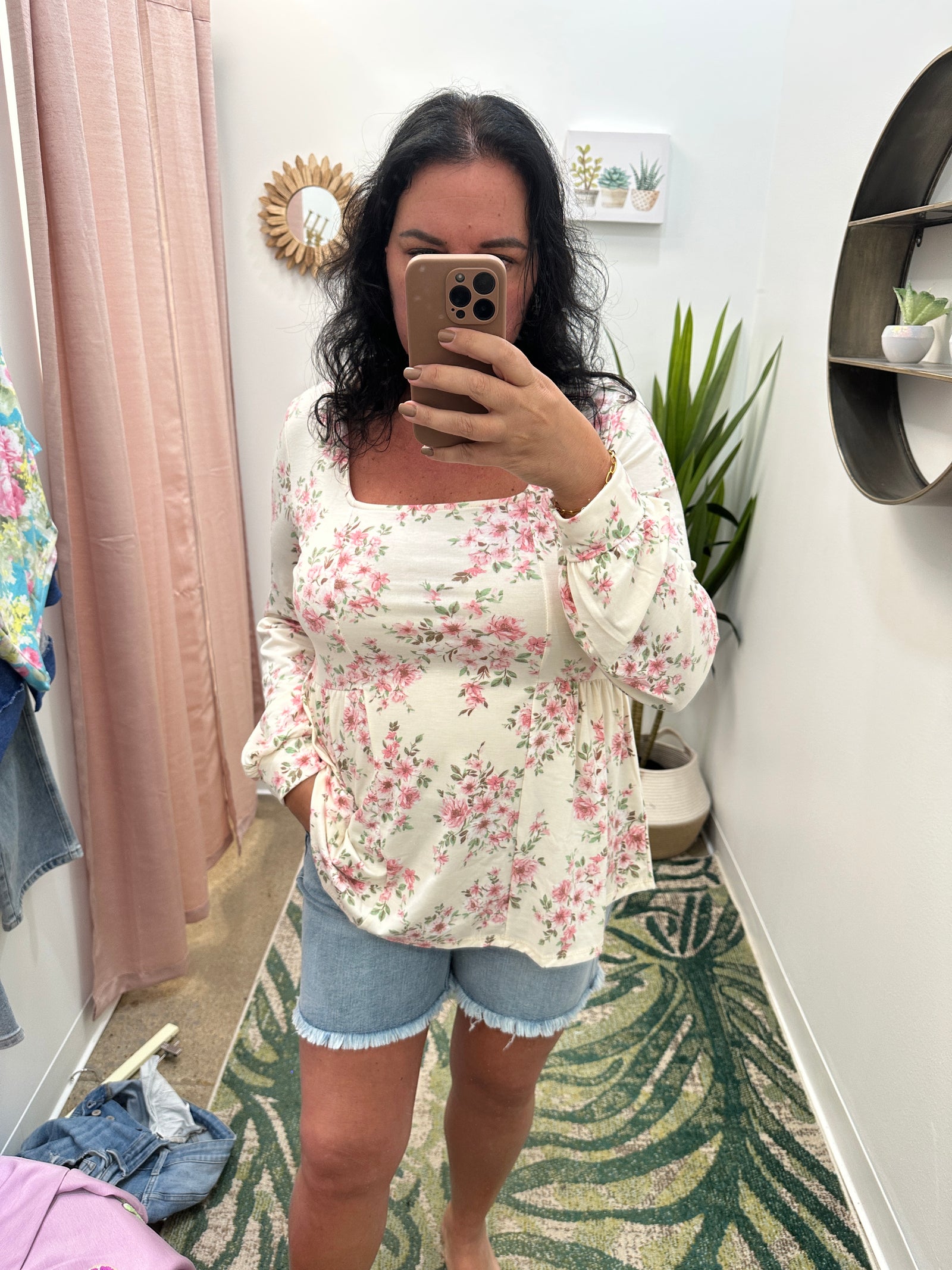 Petra - A Floral Print Square Neck Shirred  Peplum Top