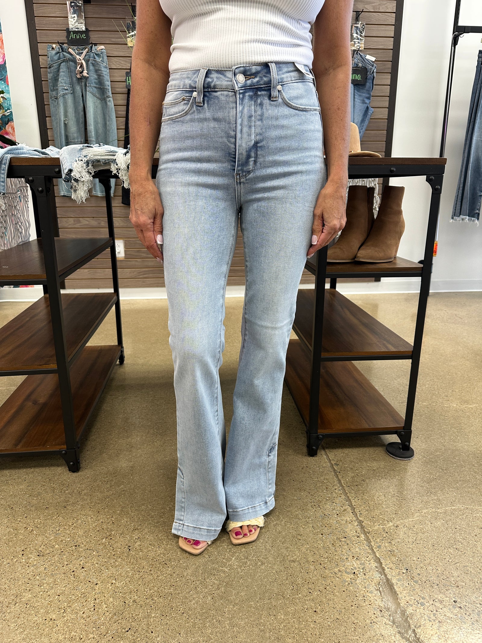 Arizona - A Pair of High Waisted Tummy Control Vintage Wash Side Slit Boot Cut Jeans